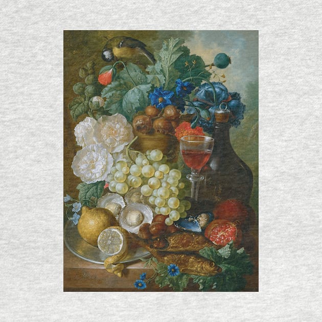 Still Life With Fruit And Flowers, Together With Oysters, Mussels, A Glass Of Wine, A Decanter And Other Objects On A Stone Ledge by Jan van Os by Classic Art Stall